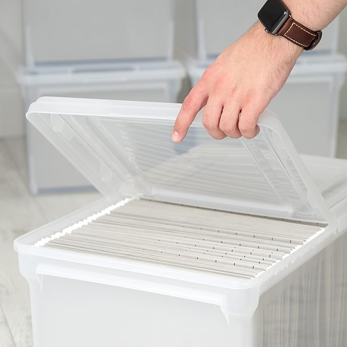IRIS USA File Box, File Organizer w/Hinged Split Lid for Letter File, Important Document Box, Plastic Storage Filing Bin for Moving, Stackable Nestable Portable, Clear 44 Qt. 5 Pack