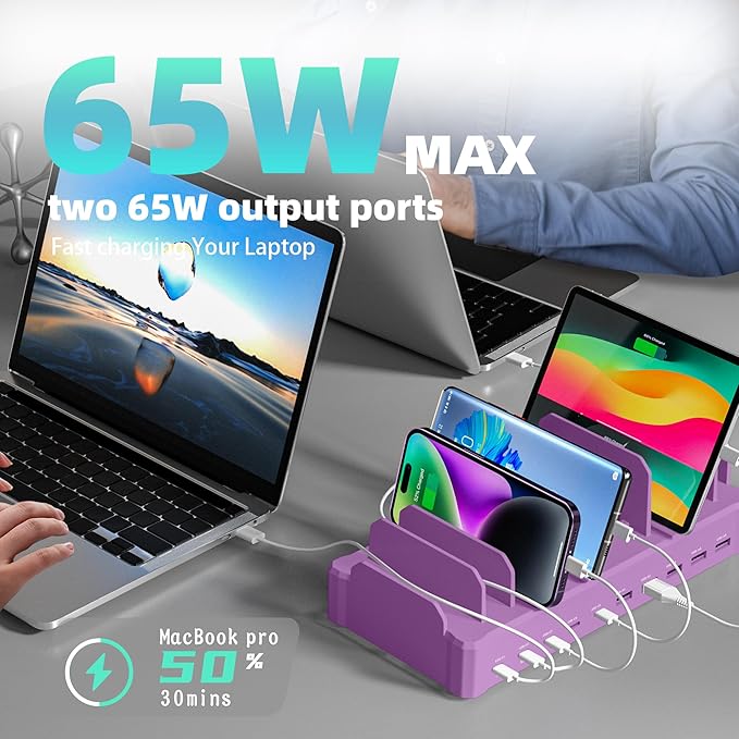 320W Charging Station for Multiple Devices, Zobirez 10-Port USB C Fast Charger Stations for MacBook, iPhone, Android Cell Phone, iPad, Tablet Family Multi-Device Organizer Charging Dock, Purple