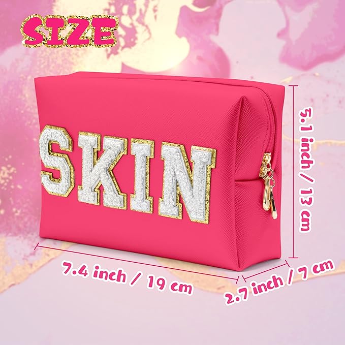 Y1tvei Preppy Patch SKIN White Letter Cosmetic Toiletry Bag PU Leather Portable Makeup Bag Daily Use Storage Pouch Toiletry Purse Waterproof Organizer for Travel Varsity Women Girls (Rose Pink)