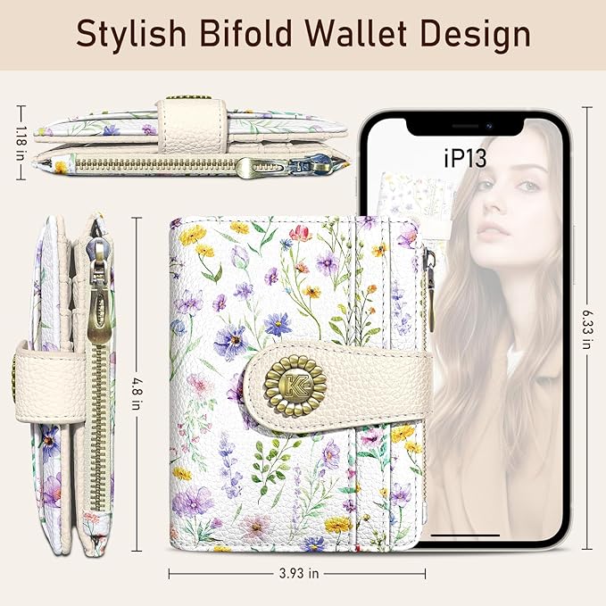Kelvoris Flowers Floral Small Rfid Women Wallet Bifold Zipper Coin Pocket PU Leather Compact Cash Credit Card Holder Travel Wallet for Female Ladies Teen Girls 1 ID Window 10 Card Slots