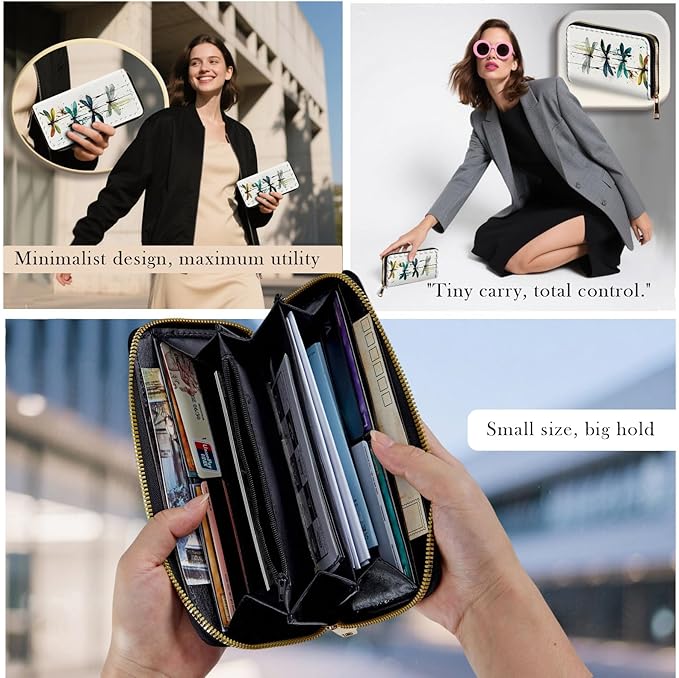 Zip Around Wallets for Women with Detachable Wrist Strap, Large Capacity RFID Blocking Leather Purse Organizer Card Holder Wristlet,Watercolor Dragonfly