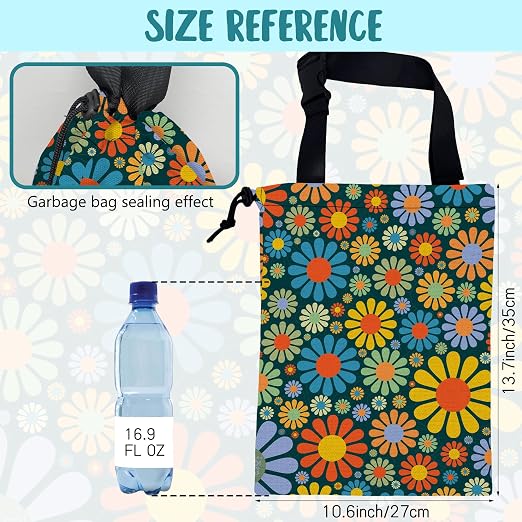 Car Garbage Bag Vintage Groovy 70s Floral Drawstring Car Trash Bag Hanging for Back Seat with Adjustable Buckle Canvas Vehicle Trash Can Easy-to-Install
