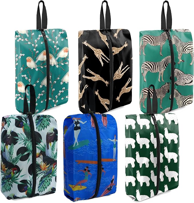 BeeGreen Shoe Bags 6 Pack Animal Design for Travel with Handle as Packing Organizers for Suitcase and Luggage | Portable Nylon Storage Accessories for Vacations, Essential Gifts for Women and Men
