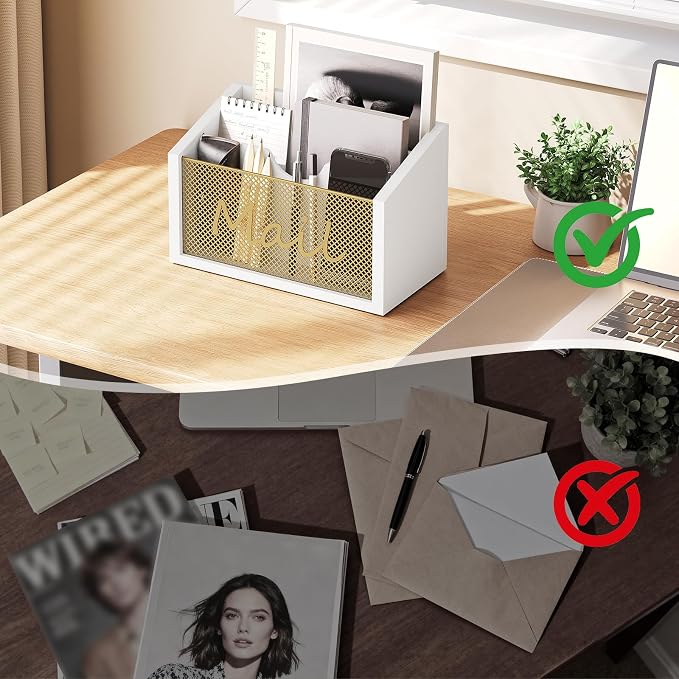 YATINEY Mail Organizer Countertop, Mail Holder with 3 Slots, Mail Sorter for Desk, Wooden Office Desk Organizer, Mail Organizer for Magazines, Files, Papers, Folders, White and Gold MR03DW