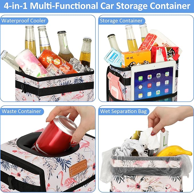 ELONGRIVER Car Trash Can Bin for Back Seat Leak Proof, Cute Car Trash Bag Hanging, Vehicle Trash Can for SUV Truck Van, Automotive Garbage Cans Front Seat Flamingos, 2 Gallons