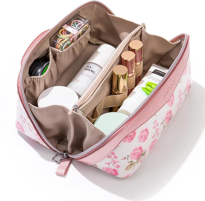 Mrsdry Travel Makeup Bag，Large-capacity waterproof cosmetic bag，Travel bags and toiletries bags for women，PU leather material，Multi-zone and large opening design (Rose Gold flower)