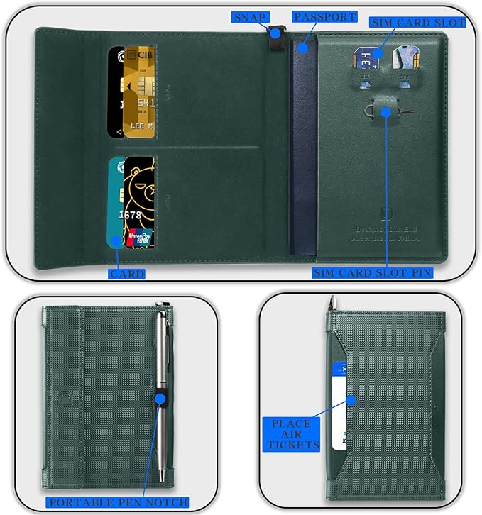 Passport Holder for Travel Essentials, RFID Blocking PU Leather Passport Wallet Cover Card holder Case Passport Book Holders for Women and Men, Dark Green