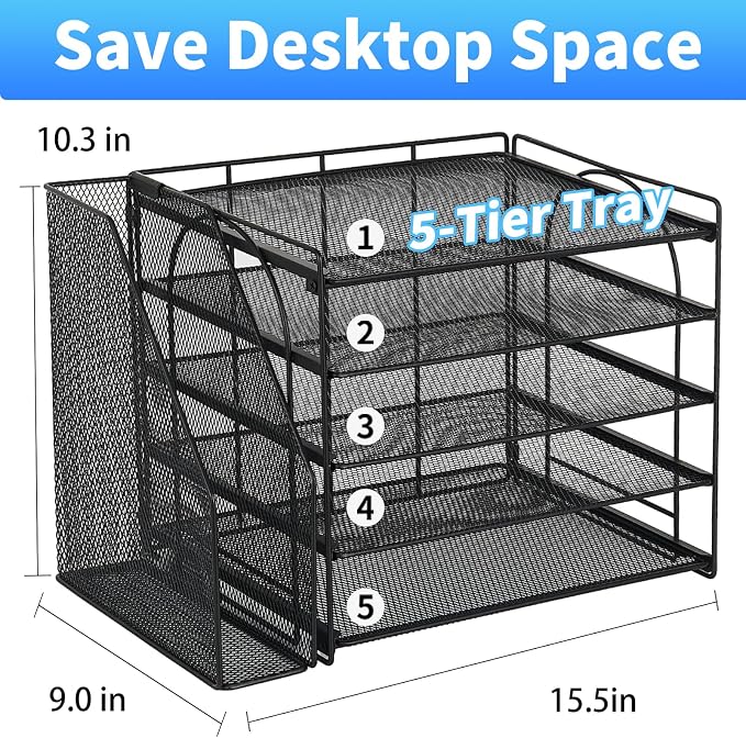 OPNICE Desk Organizers and Accessories, 5-Tier Paper Organizer Letter Tray with Magazine Holder, Office Desk Accessories & Workspace Organizers, Desktop File Organizer for Office Supplies, Black