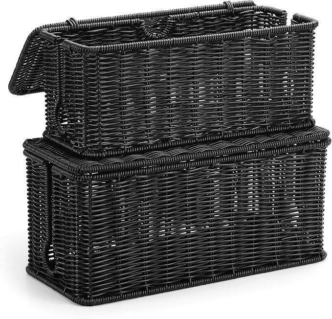 ZhiYo Rattan Cable Management Box, Black Desk Cord Organizer, 2 Pack (M&L) | Handwoven black imitation rattan cord hider box conceals power strips and cables for a clean desk or floor setup