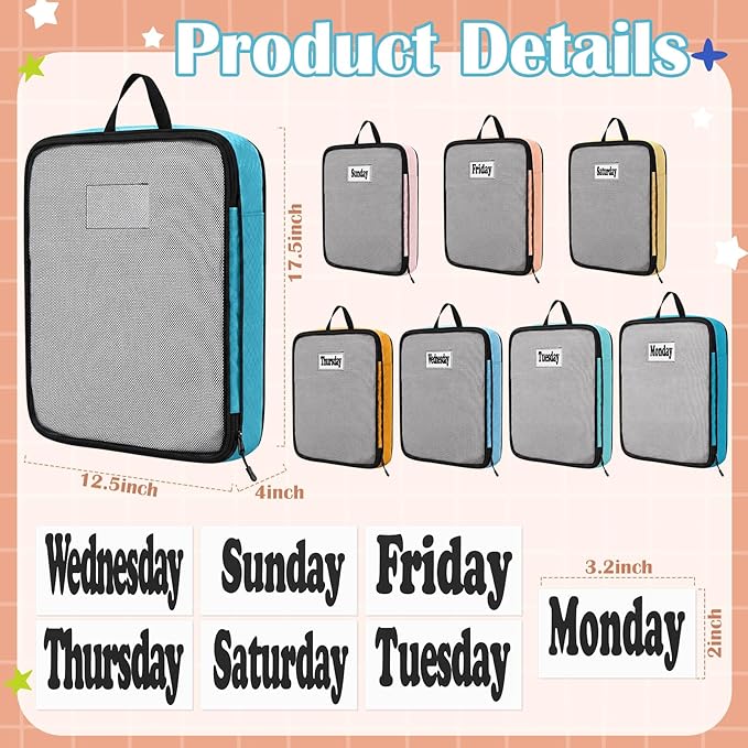 7 Pcs Packing Cubes for Travel Days of Week Compression Packing Cube with Labels Organizers Luggage Storage Bag(Multicolor,Large)