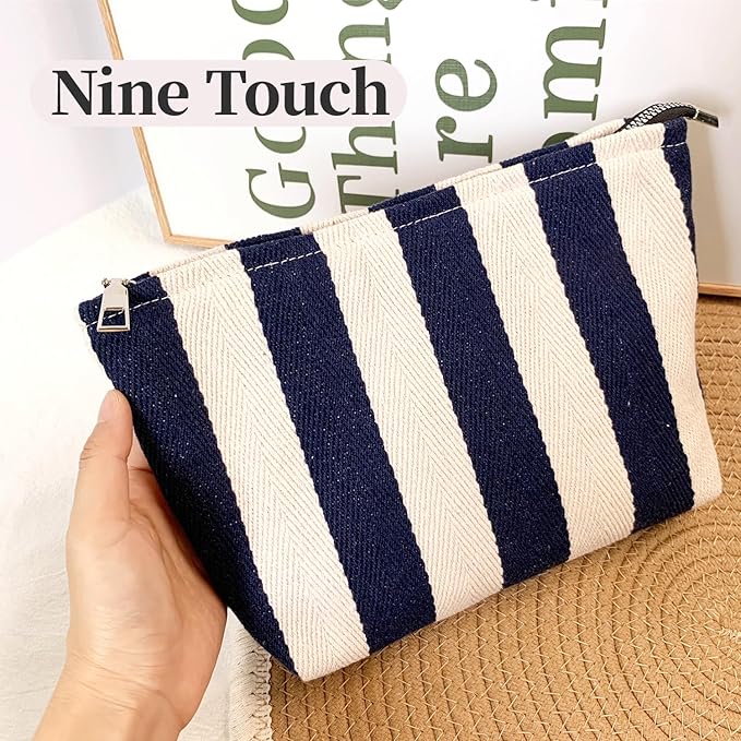 Blue Striped Makeup Bag for Women, Canvas Cosmetic Bag, Large Zipper Pouch(10.6" * 7.1" * 2.8"), Make Up Bag for Purse, Perfect for Storing Makeup And Accessories, Makeup Bag for Daily Travel Gifting