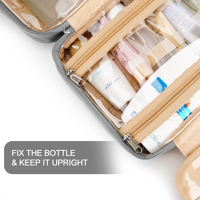 Travel Hanging Toiletry Bag for Women and Men, with 8 Leak Proofing Silicone Bottle Covers, Waterproof Makeup Accessories, Cosmetic Essentials, Cruise Ship Toiletries Bag with Jewelry Organizer, Grey