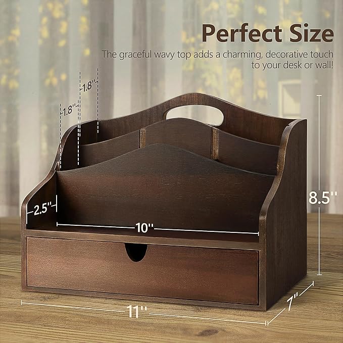 Rebee Vision Acacia Wood Mail Organizer for Desk – Farmhouse Countertop Mail Holder with Dividers – 4-Slot Letter Sorter for Key & Jewelry– Desktop Organizer for Home Decor (Dark Acacia)