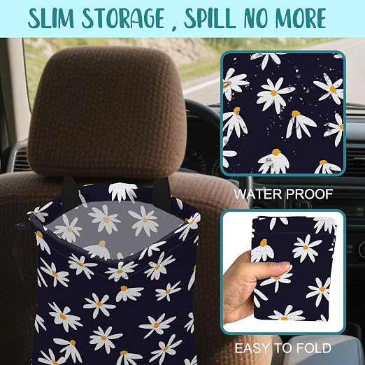 Car Garbage Bag Chamomile Flowers Hanging Canvas Car Trash Bag Waterproof Drawstring Car Back Seat Organizer for Car Back Front Seat Console with Adjustable Buckle