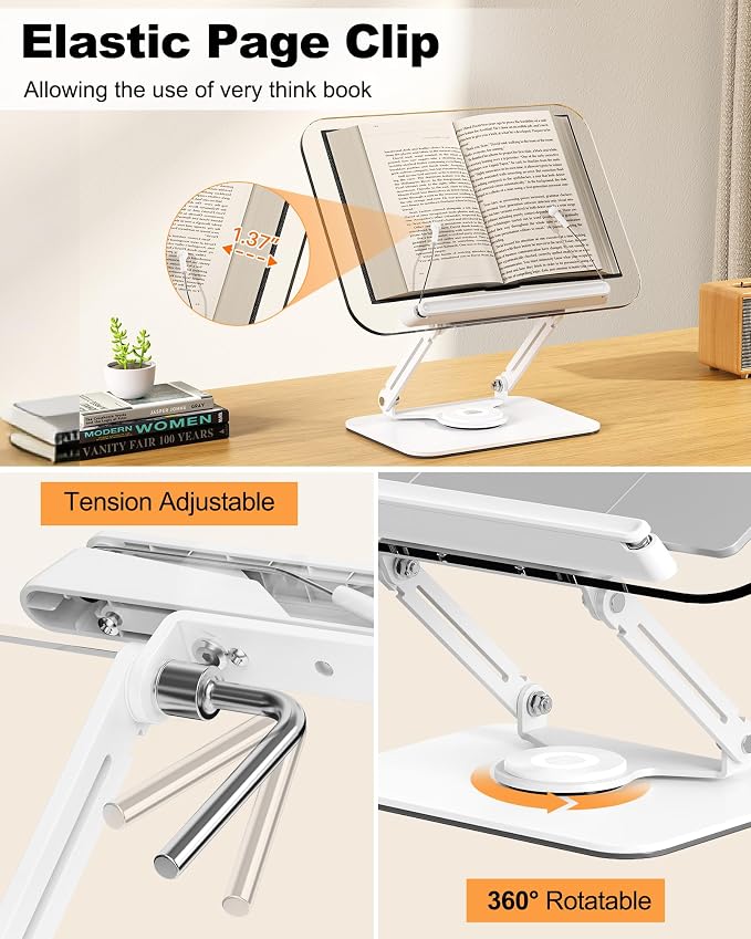 Acrylic Book Stand for Reading, Adjustable Book Holder with 360° Rotating Base & Elastic Page Clips, Foldable Desktop Riser Stand for Cookbook,Laptop,Tablet,Music Scores,Recipe,Textbook (White, 11.8")