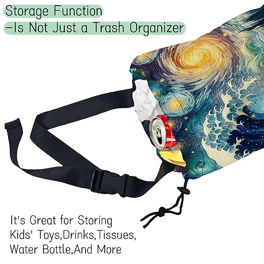 Sea Wave Car Trash Bag,Night Starry Sky Hanging Drawstring Car Garbage Bag,Waterproof Canvas Car Back Seat Organizer with Adjustable Buckle,for Vehicles,SUVs,Camping,Road Trips