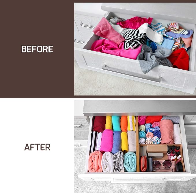 Adjustable Bamboo Drawer Divider Organizers - Fits Large Drawers Sized 17.5" Upto 22"- Expandable Kitchen Drawer Organizer Separators for Utensils, Dresser, Clothes, Bedroom, Bathroom 2-Pack, Natural