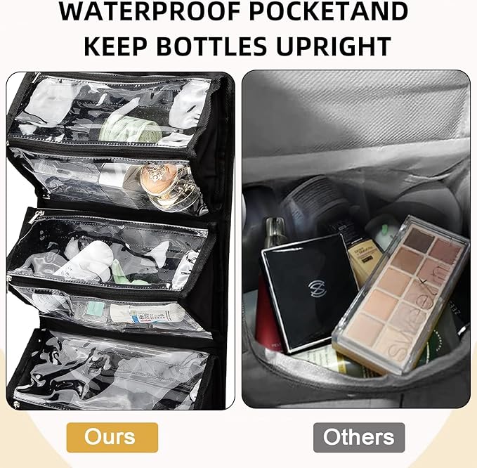 ROYALFAIR Roll Up Makeup Bag, Waterproof Toiletry Bag for Women, Hanging Travel Organizer bags with Jewelry Organizer Compartment, Extra Large 4 Clear TSA Approved Pouches Cosmetic Makeup (black)
