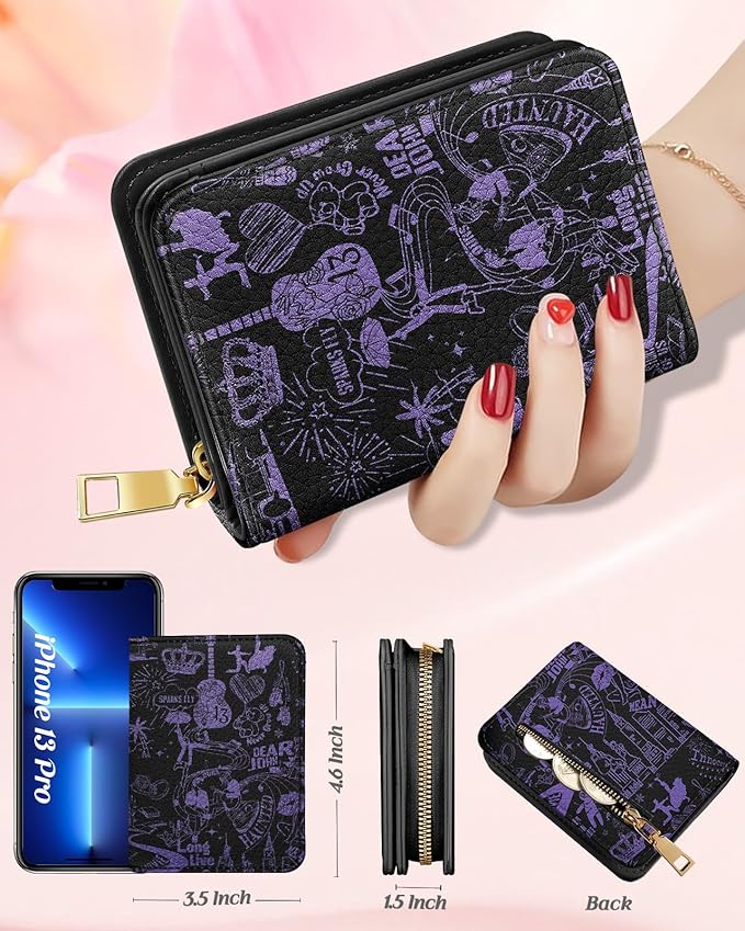 Bistup Credit Card Holder Wallet for Women Cute Leather Ladies Teen Girls Female Cardholder Wallets Accordion Purse Small Medium Aesthetic Print Merch Unique Modern Y2k Rfid Zipper Around