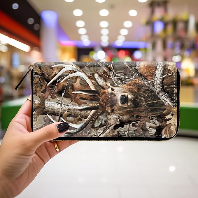 Wallet,Leather Long Wallet Suitable For Ladies And Teenagers - Detachable Wristband + RFID Travel Wallet With Card Slot - Camo Forest Deer