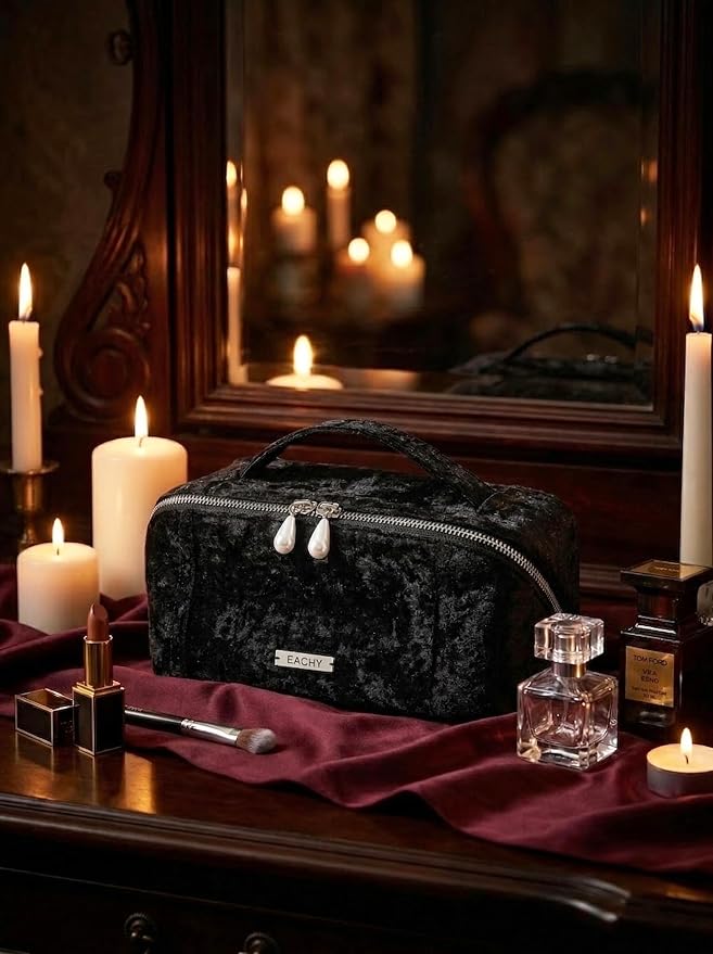 EACHY Travel Makeup Bag, Large Capacity Cosmetic Bag for Women, Waterproof PU Leather, Flat Open Portable Toiletry Bag for Skincare, Brushes & Travel Essentials