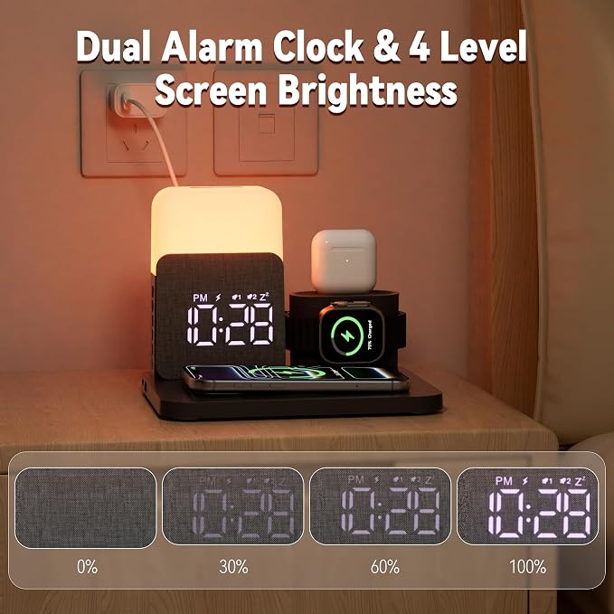 7 in 1 Wireless Charging Station, Magnetic 25W Fast Charger with Alarm Clock & Night Light, Bedside Charging Stand for iPhone 17 16 15 14 13 12 Pro Max, Apple Watch, AirPods, Bedroom