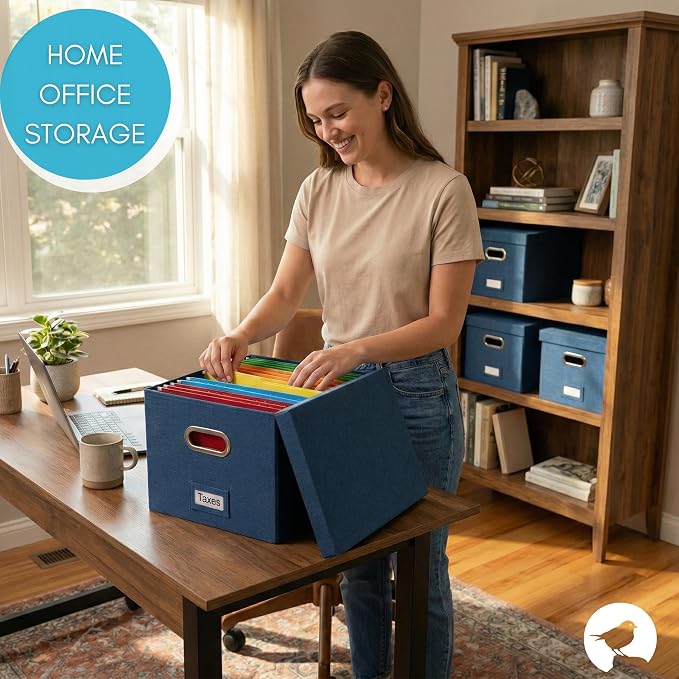 Internet's Best Collapsible File Storage Organizer - Decorative Linen Filing & Storage Office Box - Letter/Legal - Navy - 1 Pack