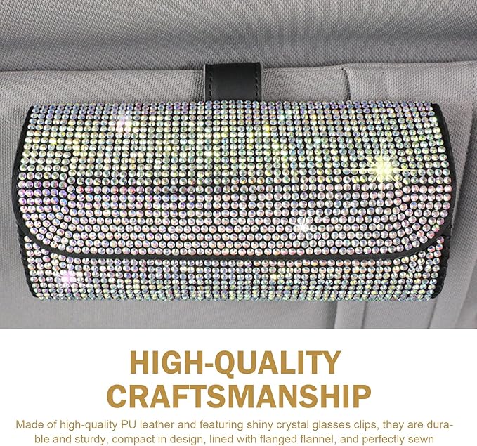 Bling Sunglasses Holder for Car Sun Visor, Rhinestone Auto Eyeglasses Mount Clip Organizer, Leather Sunvisor Sunglasses Storage Case, Universal Glasses Holder Clips for SUV, Sedan, Van (AB)