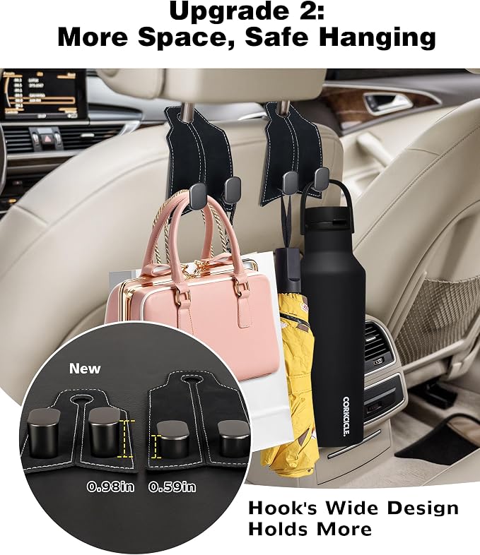 Purse Hook for Car, Car Hooks for Seat Headrest Metal & Premium Leather 2026 Latest, Auto Headrest Hanger Organizer Accessories for Purses and Bags, 2 Pack Black