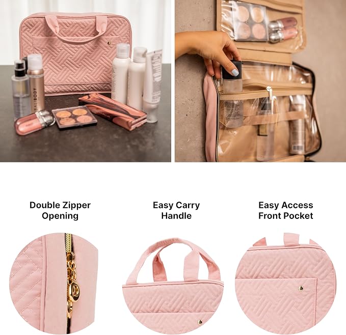 Travel Toiletry Bag for Women with Hanging Hook, Makeup Organizer Case, Water-Resistant Cosmetic Bag For Full-size Containers, Toiletries, Pink Large+, Not Made In China