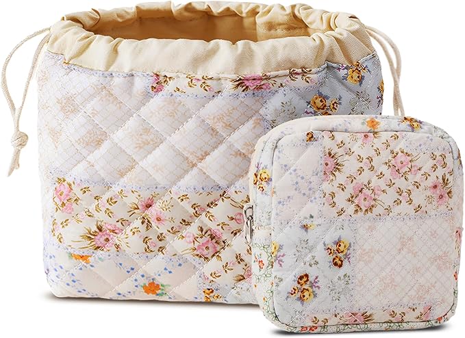 HAPPYHEIDI Floral Cotton Quilted Makeup Bag Set 2 Cosmetic Toiletry Travel Pouch w Pocket Purse Organizer 2-Size