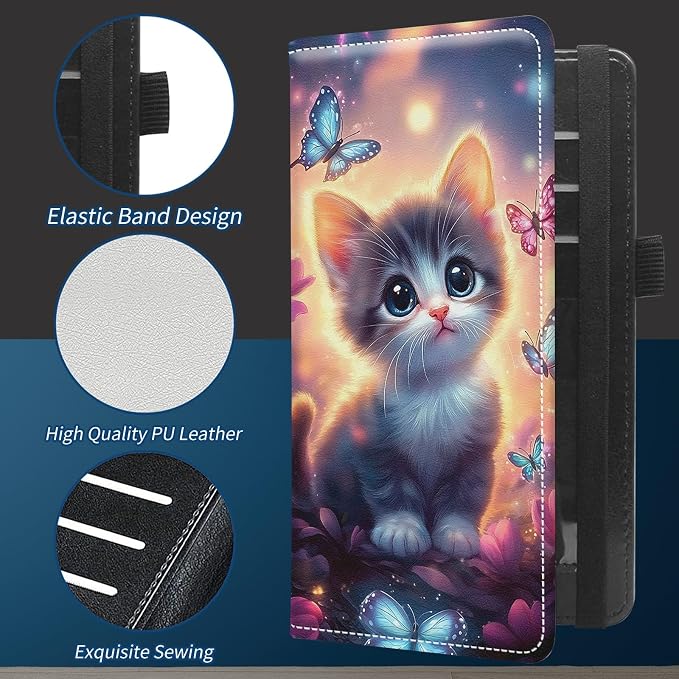 Check Book Cover for Personal Checkbook with Duplicate Checks for Women's & Men PU Leather Wallets Check Book Holder with Pen Card Slots Elastic Strap,Kitten And Butterfly