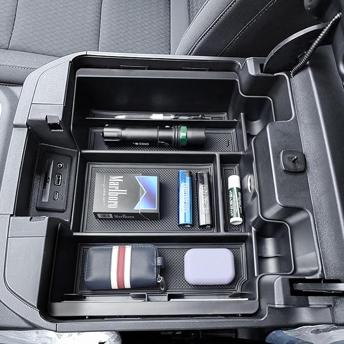 Center Console Organizer Compatible with 2019-2022 Chevy Silverado/Sierra 1500 and 2020-2023 Silverado/Sierra 2500HD 3500HD Accessories Armrest Full Size Tray,Full Console w/Bucket Seats ONLY,Black