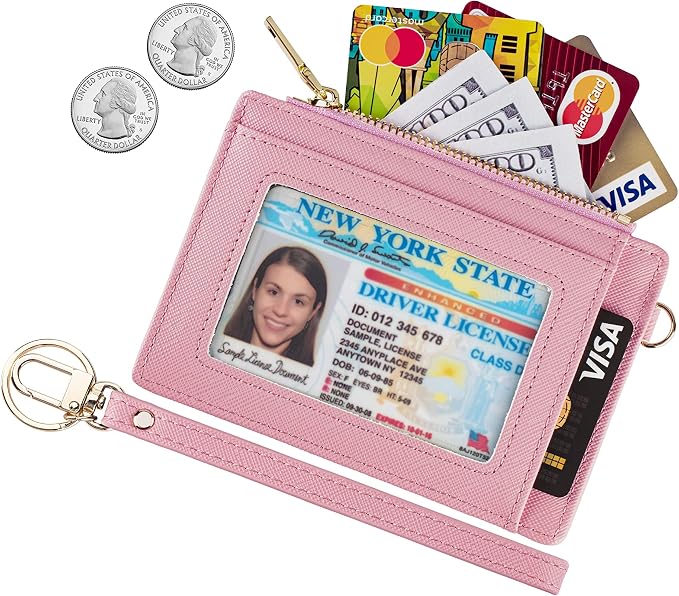Wikavanli Women Slim Rfid Blocking Credit Card Case Holder Wristlet Zip ID Case Wallet Small Compact Leather Wallet Coin Purse with Keychain (Pink)