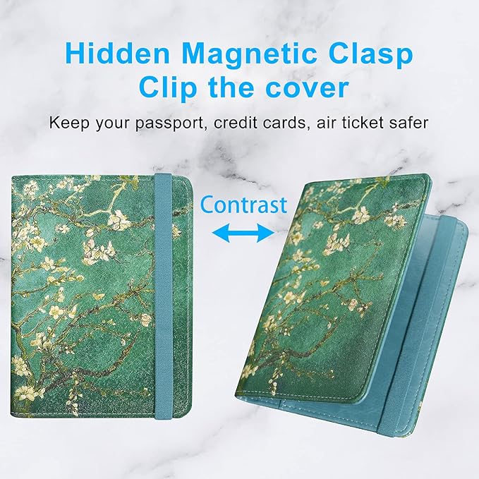 ACdream Passport Holder Cover, Leather Travel Wallet Case, RFID Blocking Document Organizer Protecrtor, with Slots for Credit Cards, Boarding Pass, for Women and Men, Blossom