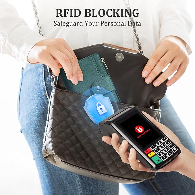 Airkit Small Women's Bifold Wallet, RFID Blocking Credit Card Holder with Zipper, Travel Cute Coin Pocket Wallet for Ladies, Teal