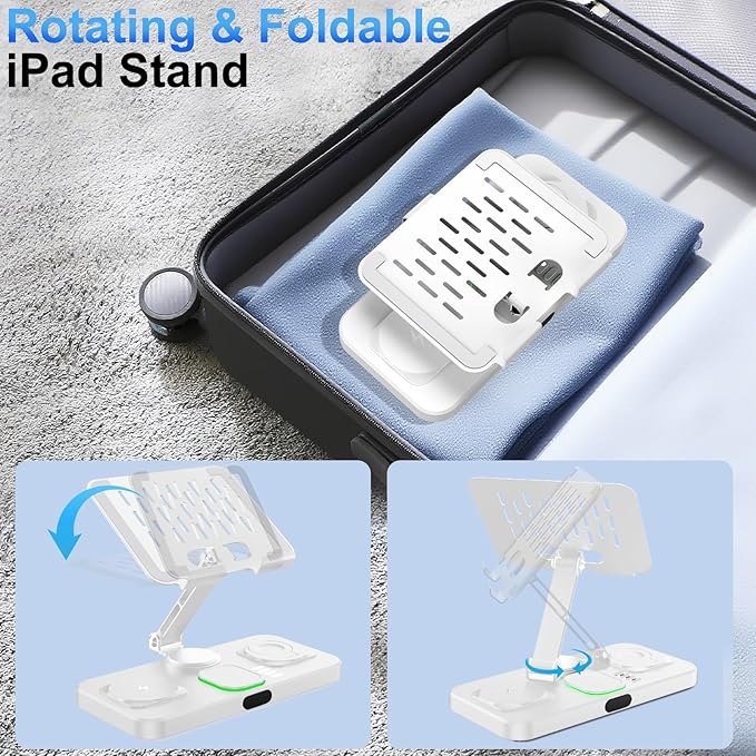 6 in 1 Wireless Charger for Apple Multiple Devices, Charging Station with Clock &7 Color Ambient Light, Foldable Rotate Stand for iPad, for iPhone17/16/15, Support for Apple Watch11/10 For AirPods4