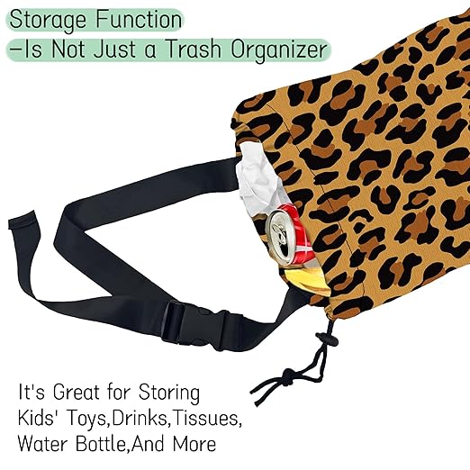 Brown Leopard Car Garbage Bag,Camouflage Waterproof Small Car Trash Bag Hanging Back of Seat,Drawstring Hanging Car Trash Bag with Adjustable Buckle for Car Accessories