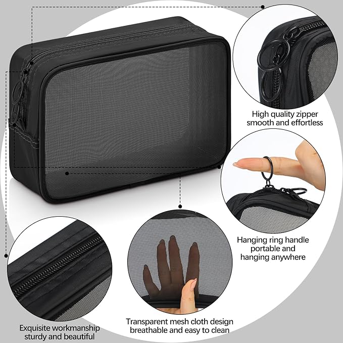 Weewooday 4 Pcs Mesh Makeup Bag Mesh Cosmetic Bag Toiletry Pouch with Zipper Mini Makeup Cosmetic Purse for Daily Accessory (Large,Medium,Black)