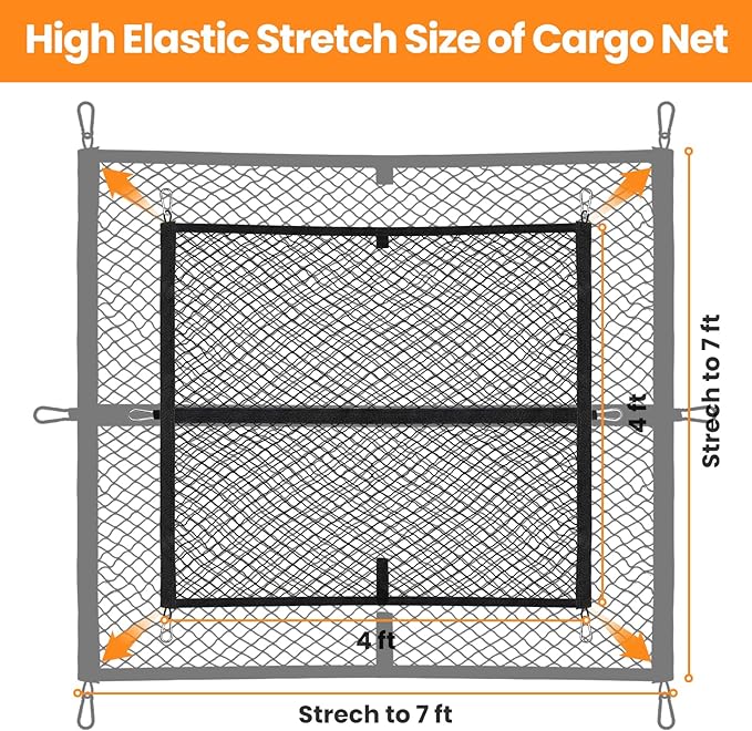 Truck Bed Net, Double-Layer Elastic Cargo Net Stretchable Mesh Organizer for Pickup, Suitable for Daily Light Loads of Trucks, Up to 2X Elastic from 4'x4’ Stretches to 7‘x 7’