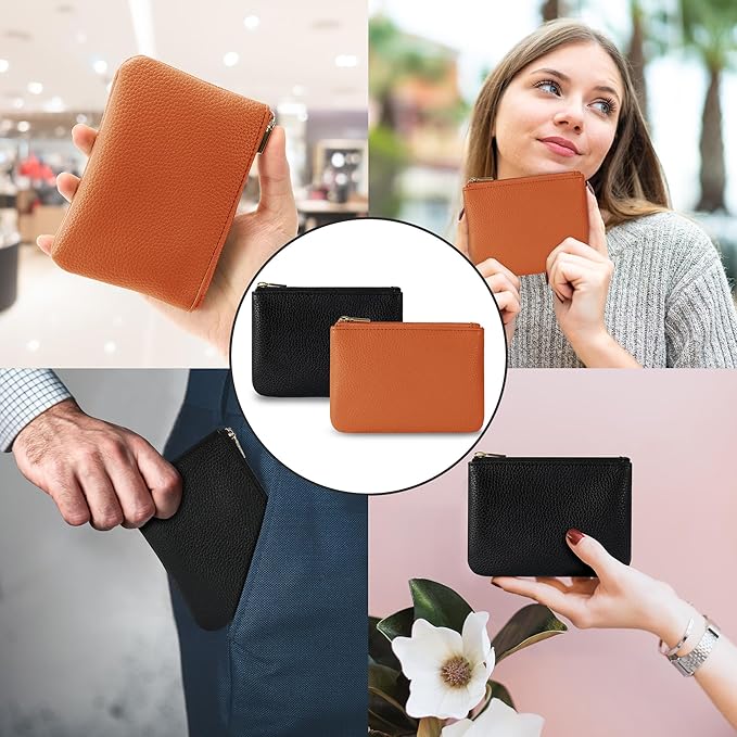 Chelmon PU Leather Coin Purse Pouch Change Holder Small With Zipper for Men Women 2 PCS Set (Black&Brown)
