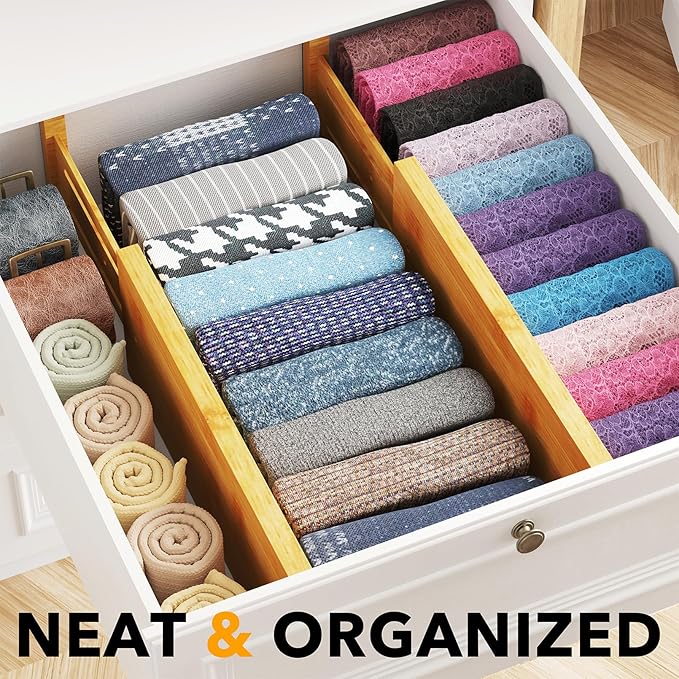 SpaceAid Bamboo 4 Pack Dresser Drawer Dividers, 4.65??High Adjustable 12.5??17??Drawer Organizers, Expandable Organization for Clothing, Clothes, Dressers, Natural