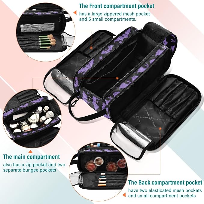 MNSRUU Large Capacity Makeup Bag, Halloween Bat Cosmetic Bag Portable Toiletries Pouch with Compartments Makeup Organizer Case for Travel Women
