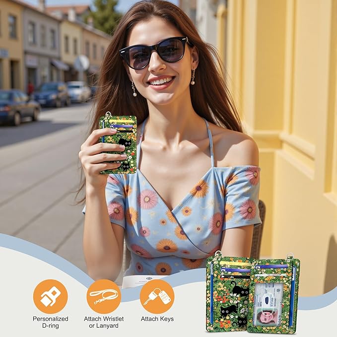 SEAVILIA Credit Card Holder for Women, Black Cat RFID Wallet Women, Slim Minimalist Front Pocket Card Holder, Cute Thin Travel RFID Blocking Card Case, Small Wallets Woman Gifts Girls