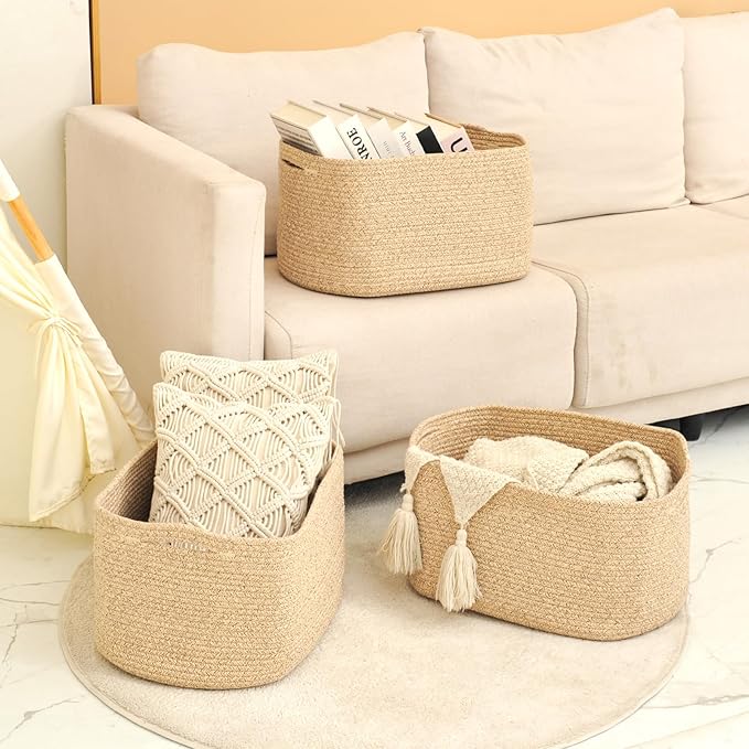 ICERZCZ Large Storage Baskets for Organizing Shelves, Woven Cotton Rope Bins for Baby Nursery Organization, Book Toy Towel Organizer, 17"x13"x9.5", 3 Packs, Brown