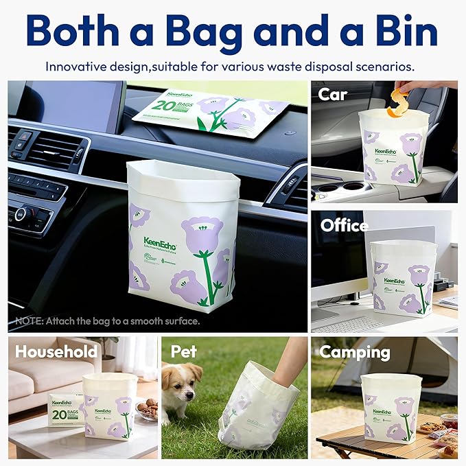 Disposable Car Garbage Bin Bags, Vomit Trash Bags made with Recycled HDPE for Boat, Plane, Travel, Camping, Bedroom, Study Room, Office and Car, 60 pcs,Purple