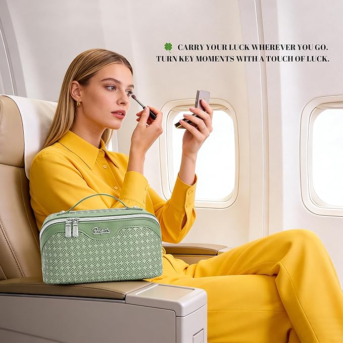 BOYATU Travel Makeup Bag for Women: Four Leaf Clover Large Capacity 3 Pcs Set Cosmetic Bags - Waterproof 50% Extra Space for Toiletry Organizer - Travel Essentials for Fortunate (01 Light Green)