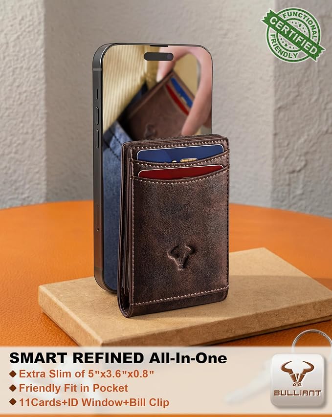 BULLIANT Men Wallet,Magnetic Slim Wallet 10 cards Build-in Bill Folder ID Windows RFID Blocking