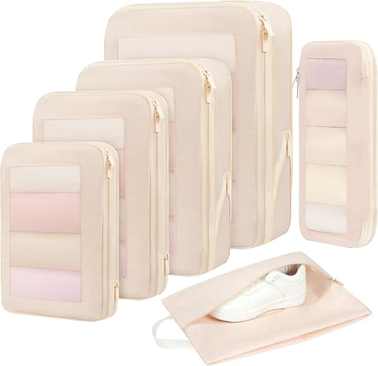 BAGAIL 4 Set/6 Set/8 Set Compression Packing Cubes Travel Accessories Expandable Packing Organizers (Square Mesh, 05-Cream)