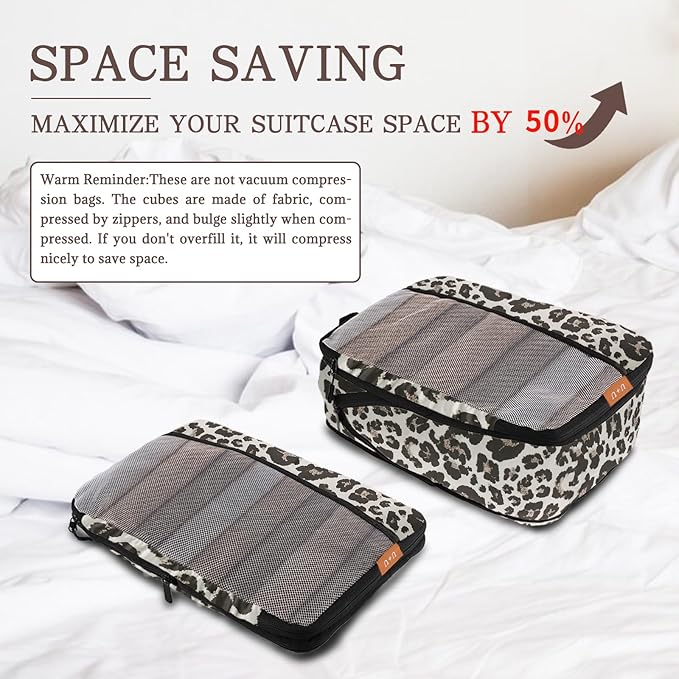 U+U 10 Set Compression Packing Cubes - Ultralight Leopard Travel Organizers with Laundry Bag, Space-Saving Suitcase Organizer, Expandable Packing Cubes for Travel and Family Vacation (Leopard)